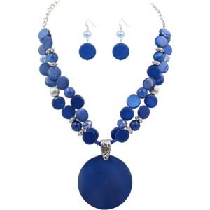 Women’s Layered Beaded Statement Necklace and Earring Set with Colorful Shell Pendant