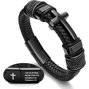Men’s Black Cross Cuff Bracelet – Philippians 4:13 Stainless Steel & Braided Leather Faith Bracelet