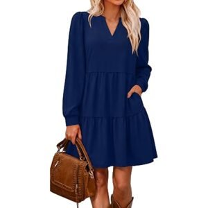 Women’s V-Neck Long Sleeve Tiered Fall Dress with Pockets