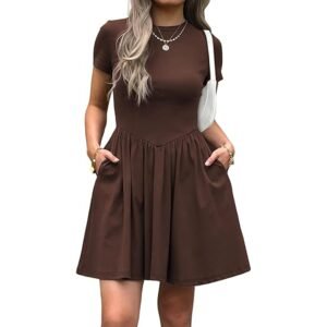 Women’s Short Sleeve Drop Waist A-Line Mini Dress with Pockets