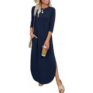 Women’s 3/4 Sleeve Crewneck Maxi Dress with Pockets