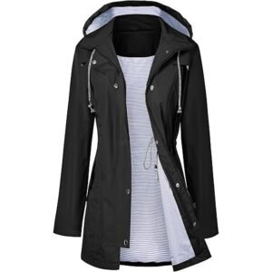Women’s Waterproof Long Hooded Trench Raincoat with Lined Windbreaker Design