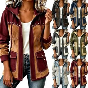 Women’s Long Hooded Patchwork Fleece Zip-Up Jacket