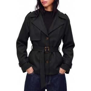Women’s Faux Suede Short Belted Trench Jacket