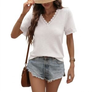 Women’s Casual V-Neck Waffle Knit Lace Short Sleeve Tunic Top